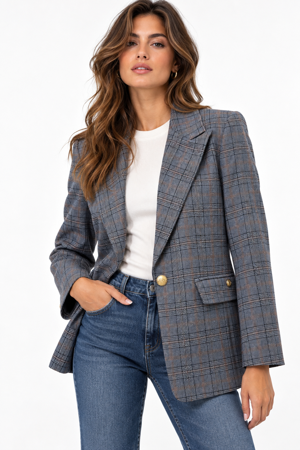 “Blazer donna a quadri blu 521 Erica Bellucci indossato aperto, vista frontale con revers e tasche con pattina”