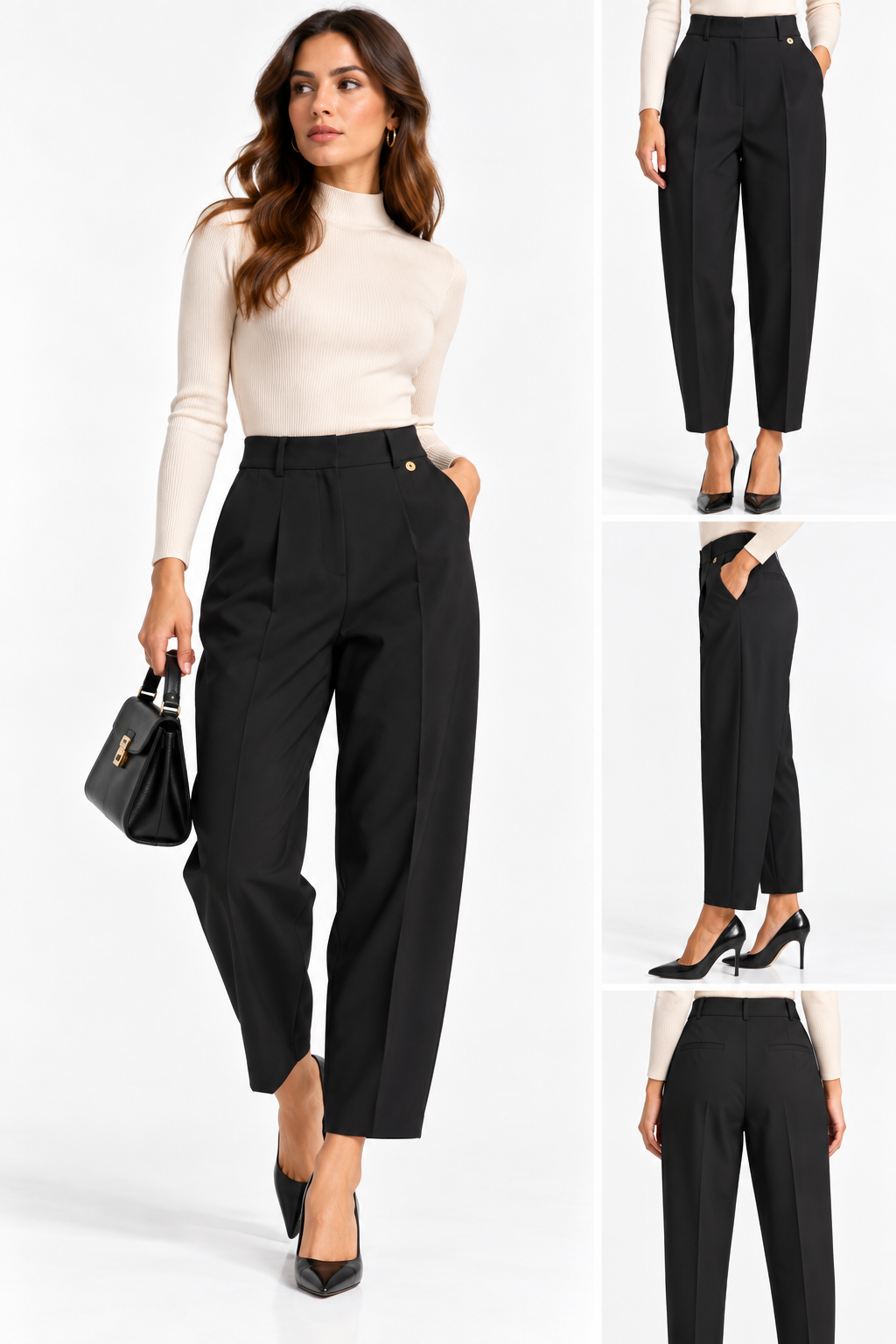 Collage del pantalone donna sartoriale 026 nero indossato, con viste frontale, laterale e posteriore.