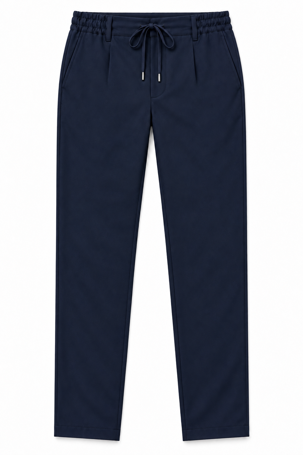 Pantalone uomo punto Milano blu scuro, vista frontale del capo con elastico in vita, laccetto e passanti.