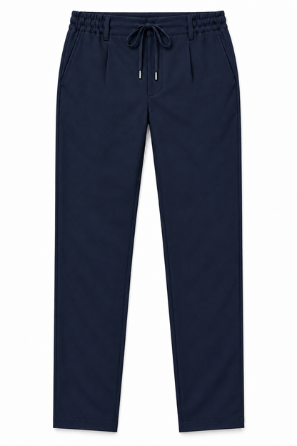 Pantalone uomo punto Milano blu scuro, vista frontale del capo con elastico in vita, laccetto e passanti.