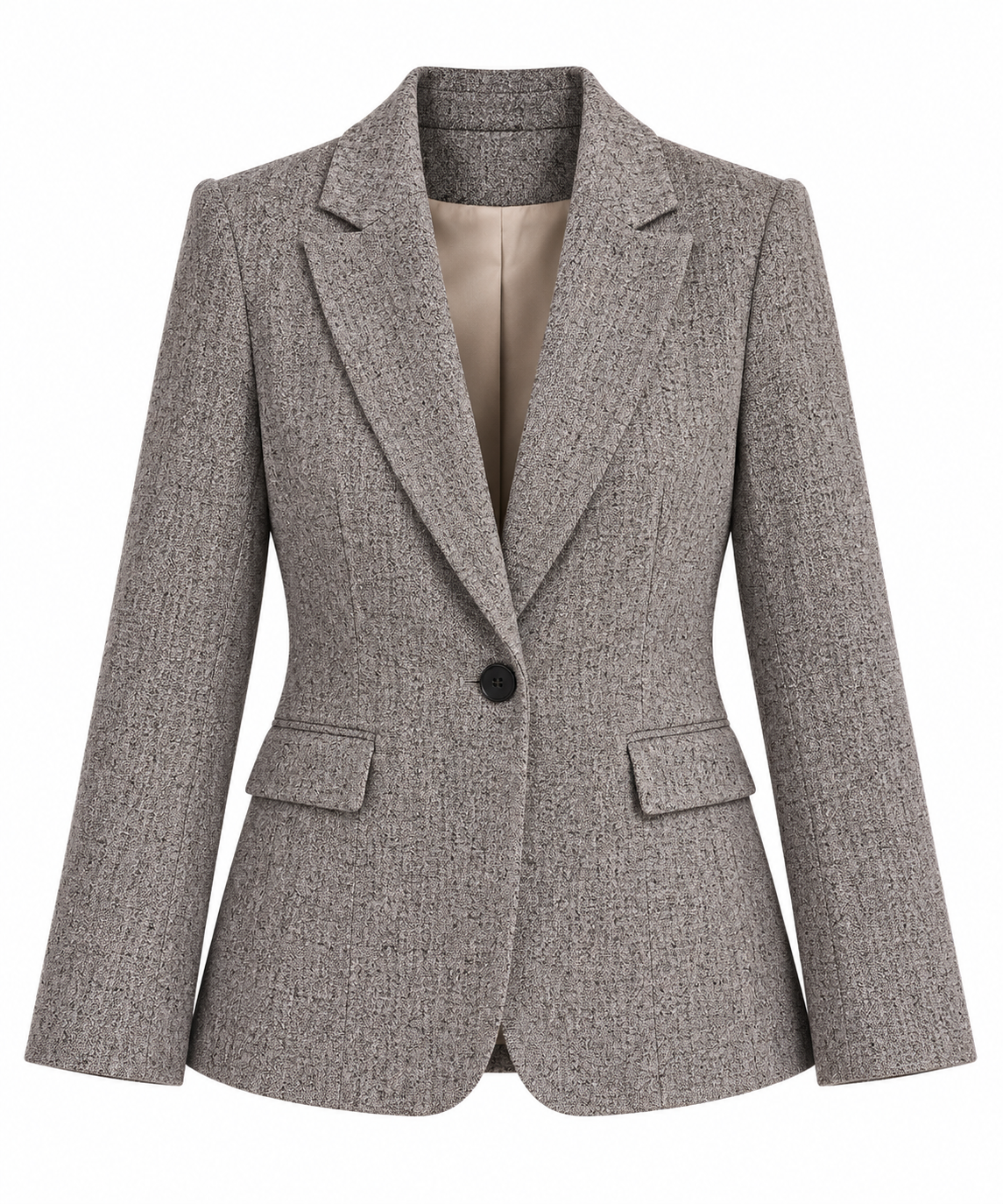 Blazer avvitato del tailleur donna Erica Bellucci 548 in microfantasia grigia, con revers e chiusura a un bottone.