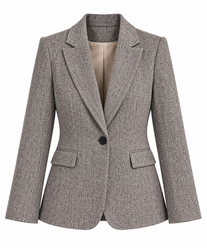 Blazer avvitato del tailleur donna Erica Bellucci 548 in microfantasia grigia, con revers e chiusura a un bottone.