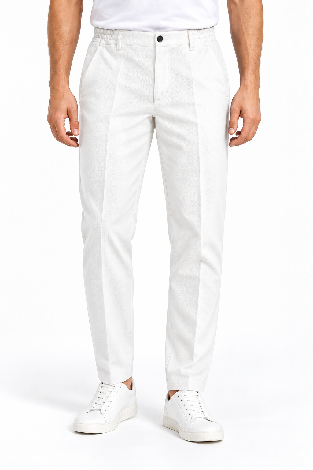 Pantalone uomo armaturato invernale Moro panna, indossato, vista frontale con tasche oblique e vita elasticizzata
