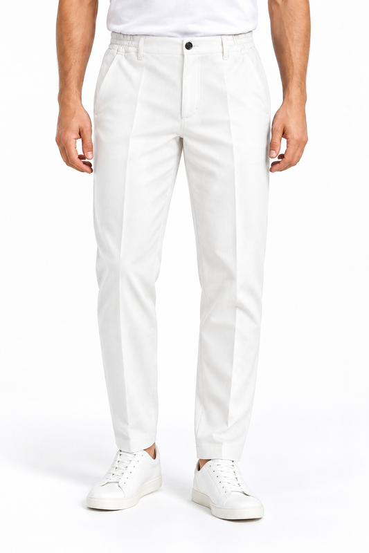 Pantalone uomo armaturato invernale Moro panna, indossato, vista frontale con tasche oblique e vita elasticizzata
