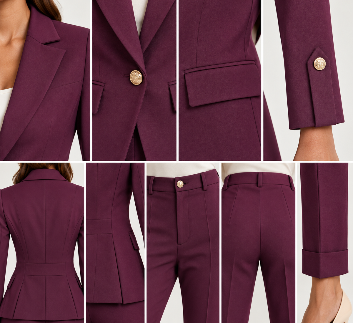 Tailleur donna Aletta bordeaux, collage dei dettagli di rever, bottoni gioiello, pattine delle tasche e risvolto del pantalone.