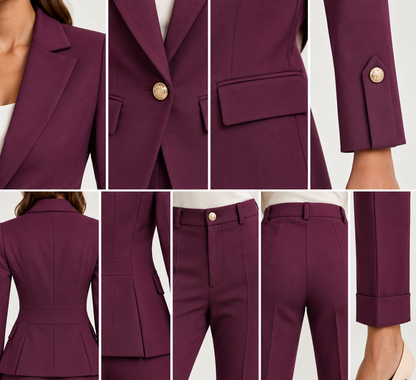 Tailleur donna Aletta bordeaux, collage dei dettagli di rever, bottoni gioiello, pattine delle tasche e risvolto del pantalone.