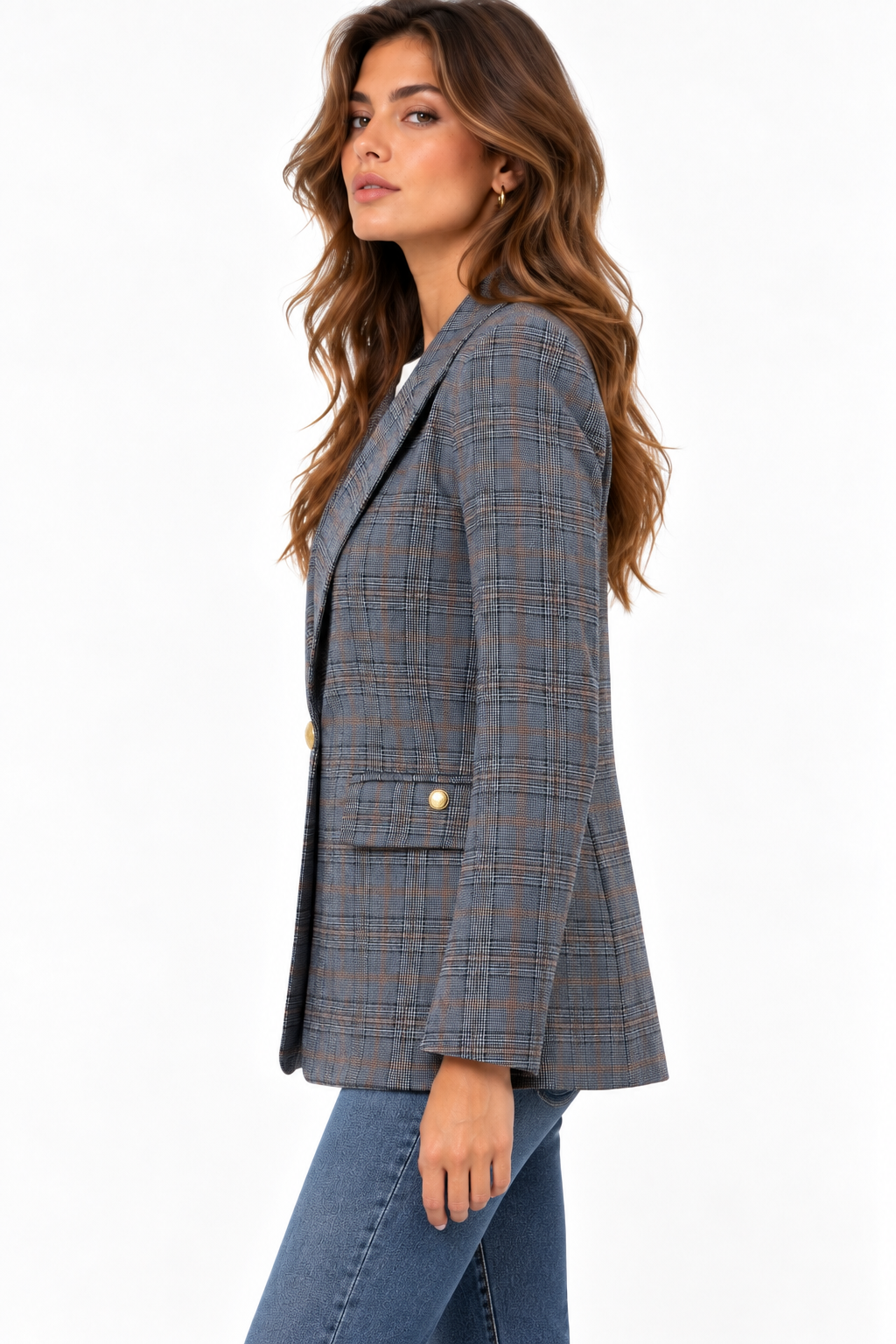 “Blazer donna a quadri blu 521 Erica Bellucci , vista laterale della linea ai fianchi”