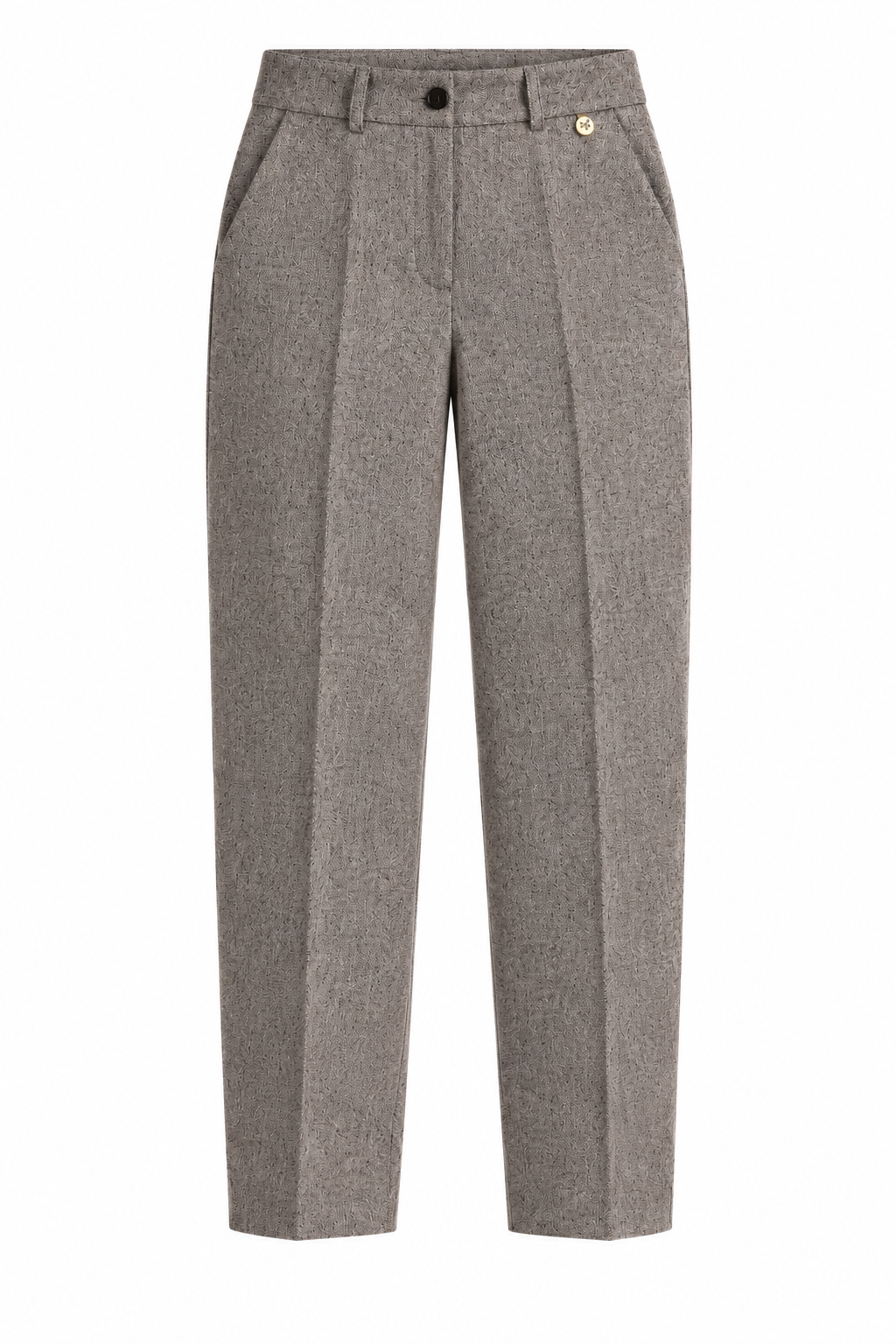 Pantalone grigio in microfantasia del tailleur donna Erica Bellucci 548, vista frontale con passanti e piega centrale.