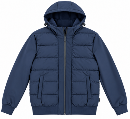 Piumino uomo Clark Tiffosi blu navy non indossato, vista frontale con tasche laterali e fondo a costine.