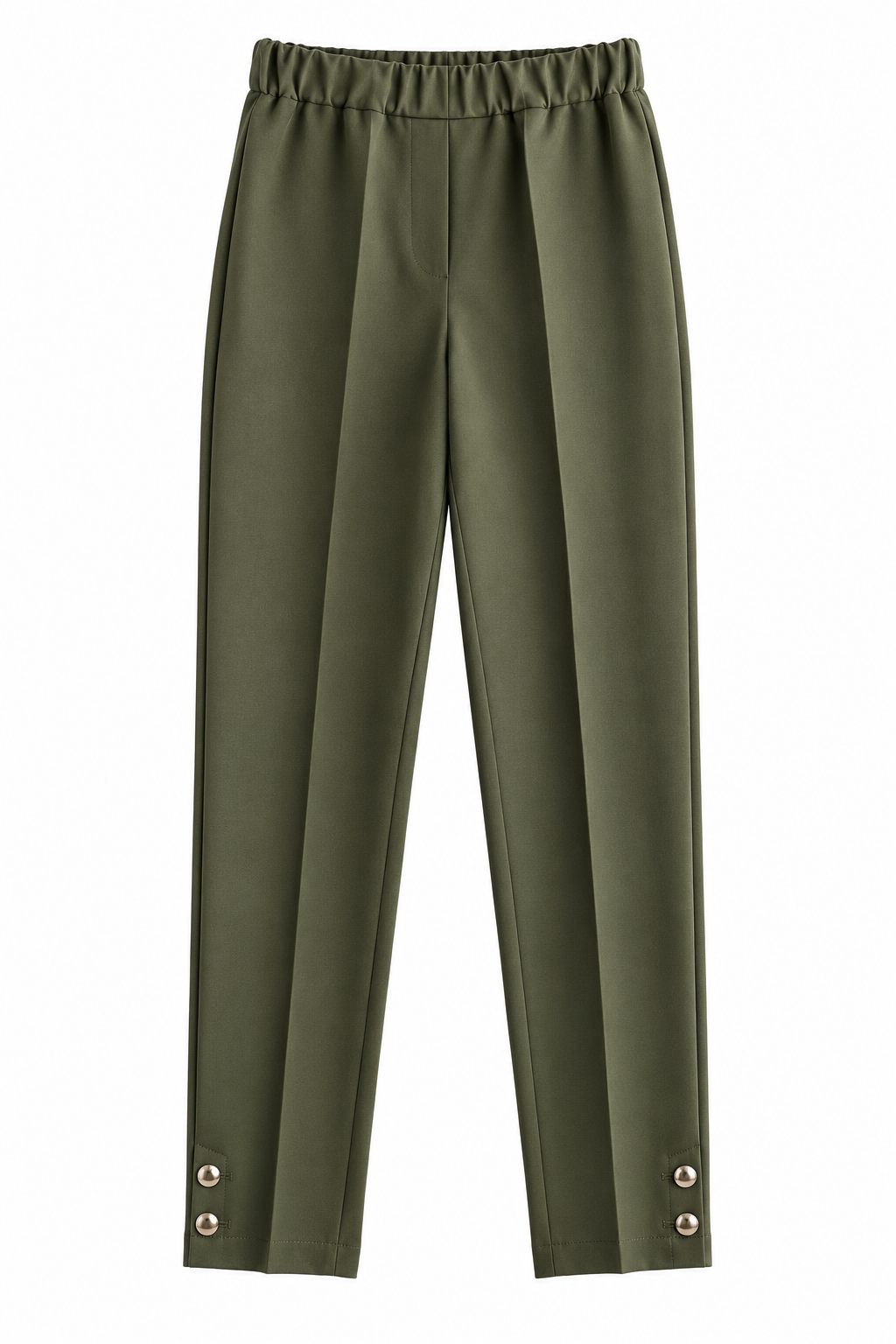 Pantalone Capri donna verde scuro non indossato, vista frontale con vita elasticizzata e due bottoni su ciascun fondo gamba.
