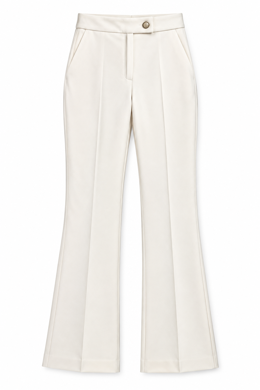 Pantalone donna a zampa 2958 panna steso su fondo bianco, vista frontale con bottone decorativo e fondo svasato.