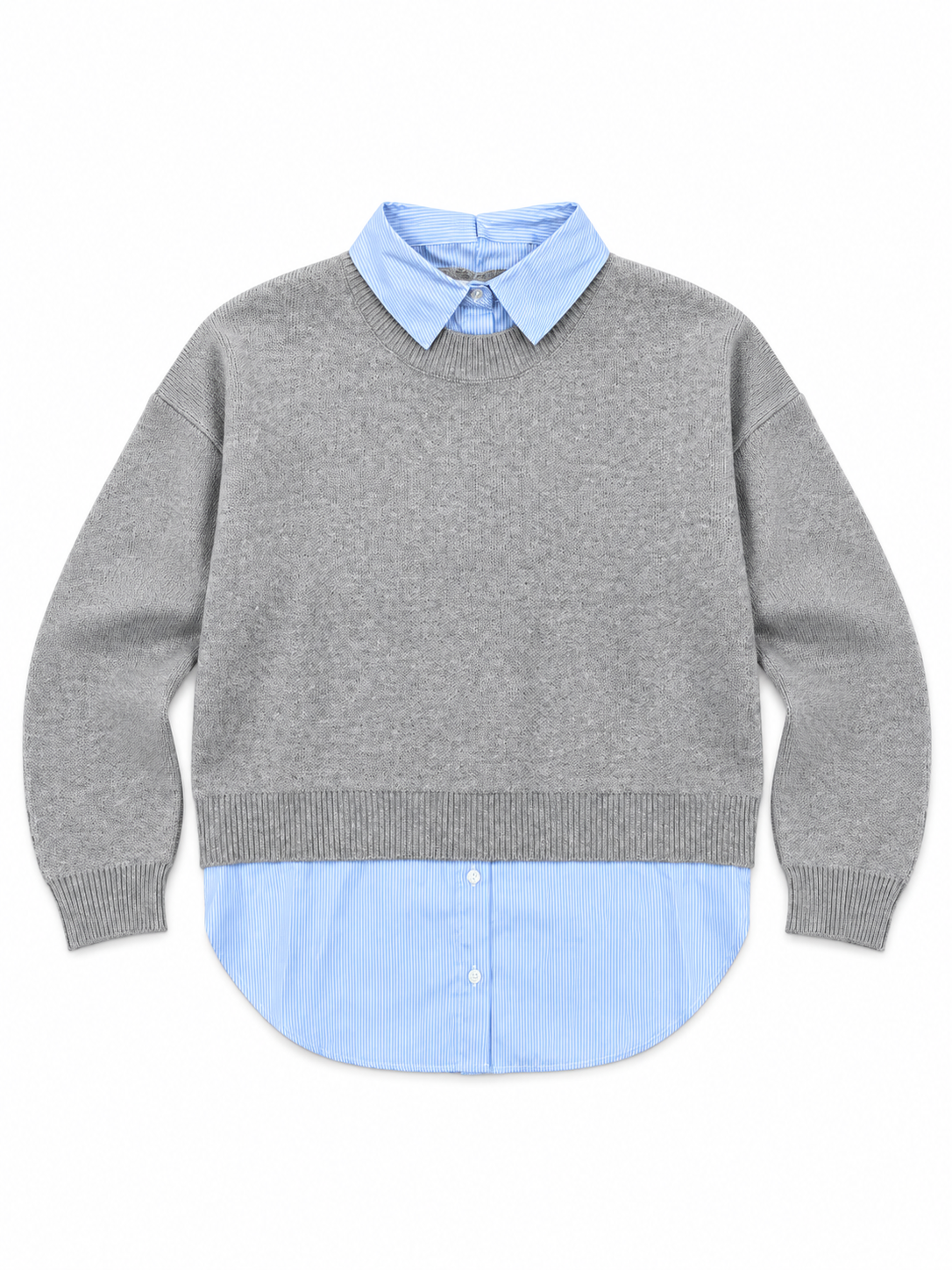 Maglione donna Mixed Tiffosi grigio chiaro steso, vista frontale con inserti camicia a righe azzurre.