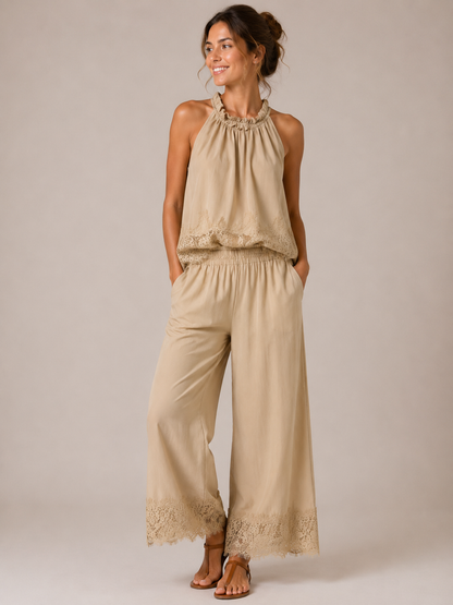 Completo donna Fly Out color beige - coordinato top e pantalone palazzo con inserto in pizzo - Frarò