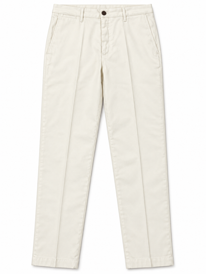 Pantalone uomo invernale Moro 705 panna, vista frontale del capo steso con bottone scuro, passanti e tasche laterali.