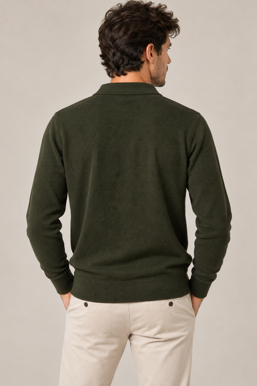 Polo uomo Tiffosi Wiser verde militare a manica lunga, vista posteriore