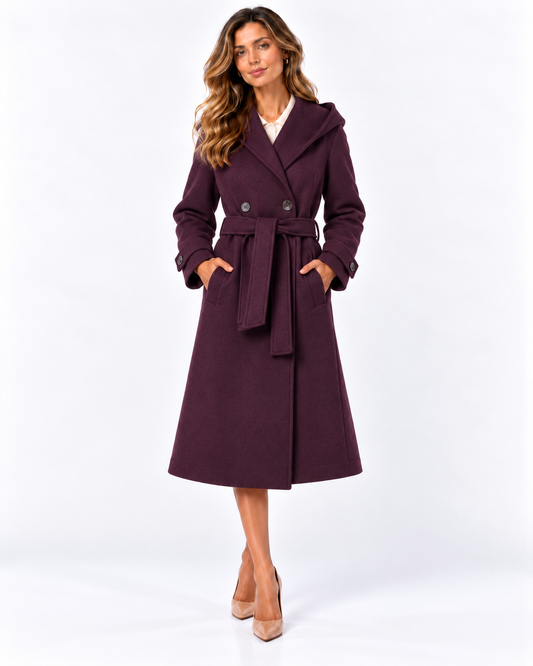 Cappotto donna Collusion Tiffosi Wine vinaccia indossato, vista frontale con cintura e cappuccio.