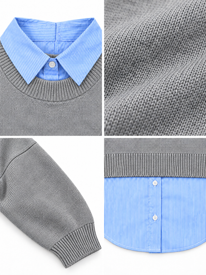  Collage dei dettagli del maglione donna Mixed grigio chiaro: colletto, maglia, polsino e fondo effetto camicia.