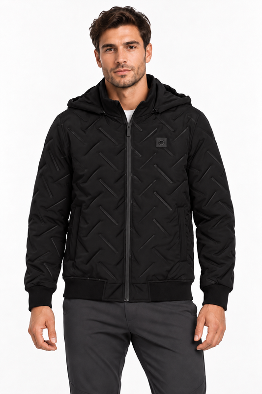 Giubbotto uomo Castor Tiffosi nero con cappuccio e trama geometrica, vista frontale indossato.