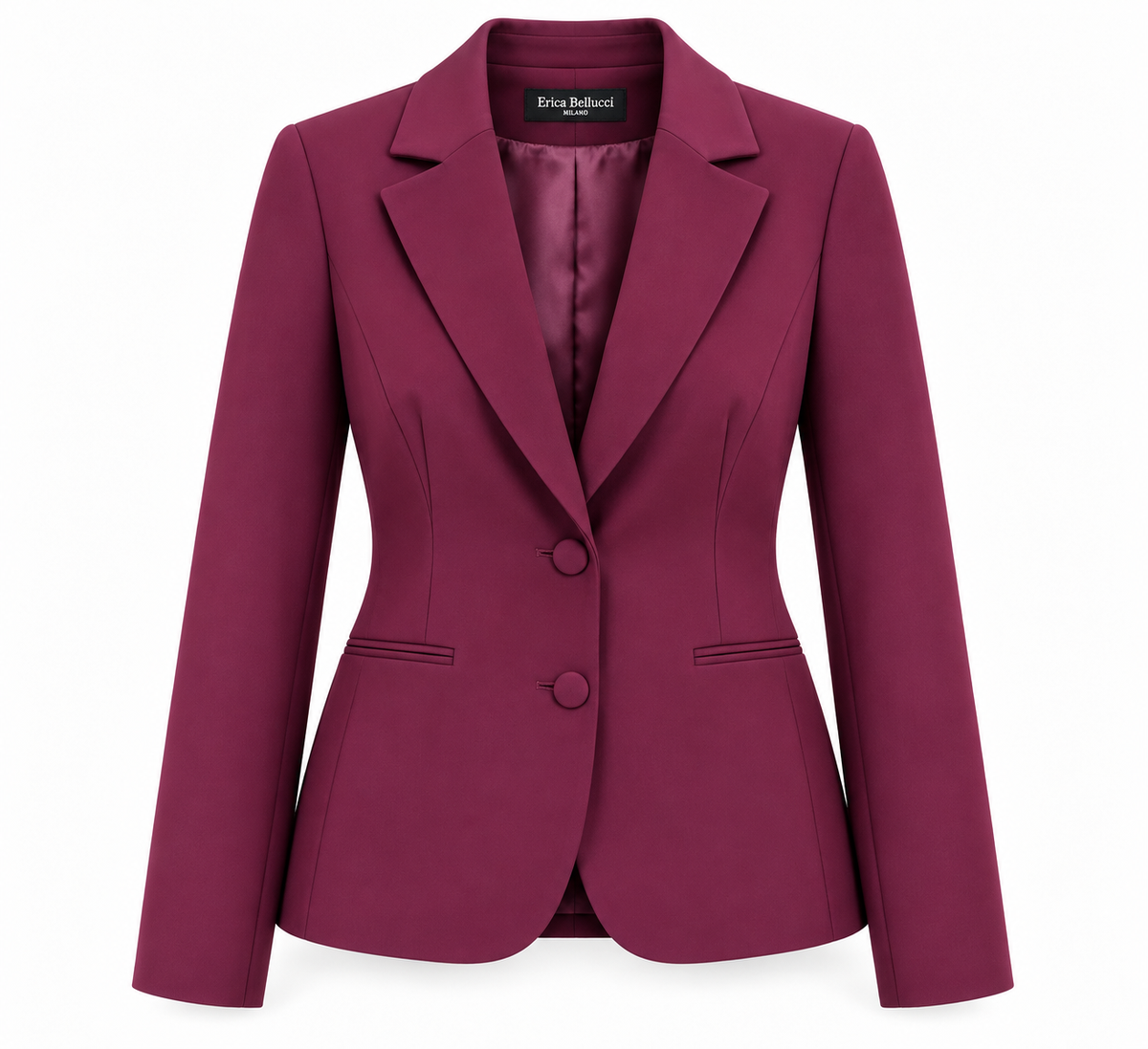 Giacca bordeaux del tailleur donna 549 Erica Bellucci, vista frontale con revers, due bottoni e tasche a filetto.