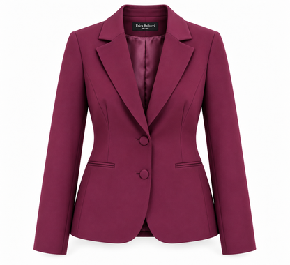 Giacca bordeaux del tailleur donna 549 Erica Bellucci, vista frontale con revers, due bottoni e tasche a filetto.