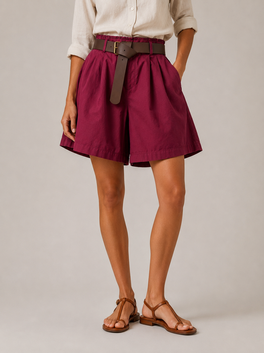 Shorts a gonna donna in cotone colore amarena - indossato da modella - vista frontale - taglia unica fino alla 46 - Frarò
