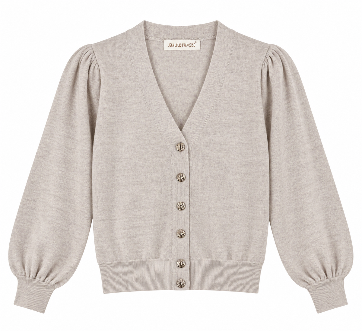 Cardigan donna 301 beige chiaro su fondo bianco, con scollo a V, bottoni gioiello dorati, maniche lunghe a sbuffo e fondo elasticizzato.