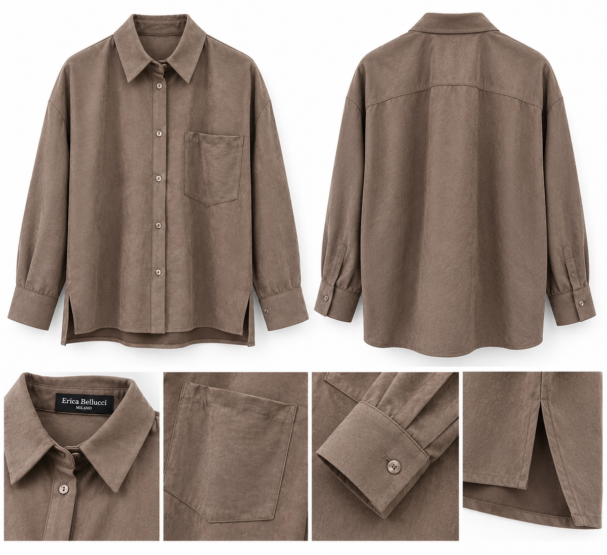 Camicia camel del completo donna 136, collage fronte e retro con dettagli di colletto, taschino, polsino e spacchi laterali