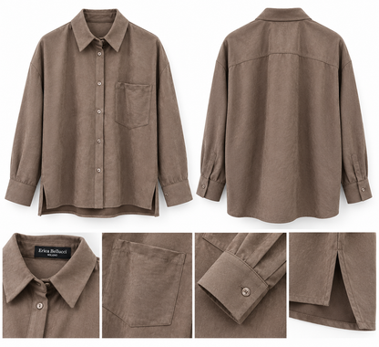 Camicia camel del completo donna 136, collage fronte e retro con dettagli di colletto, taschino, polsino e spacchi laterali