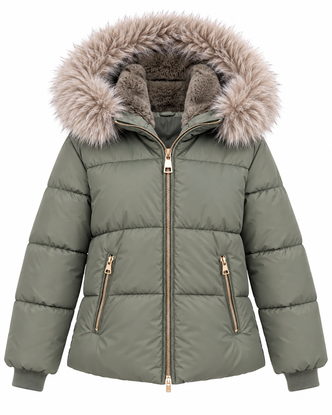 Giubbotto donna Cora verde salvia non indossato, vista frontale con cappuccio e tasche con zip.
