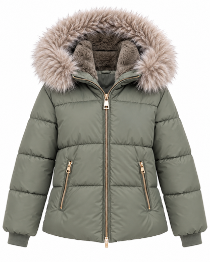 Giubbotto donna Cora verde salvia non indossato, vista frontale con cappuccio e tasche con zip.