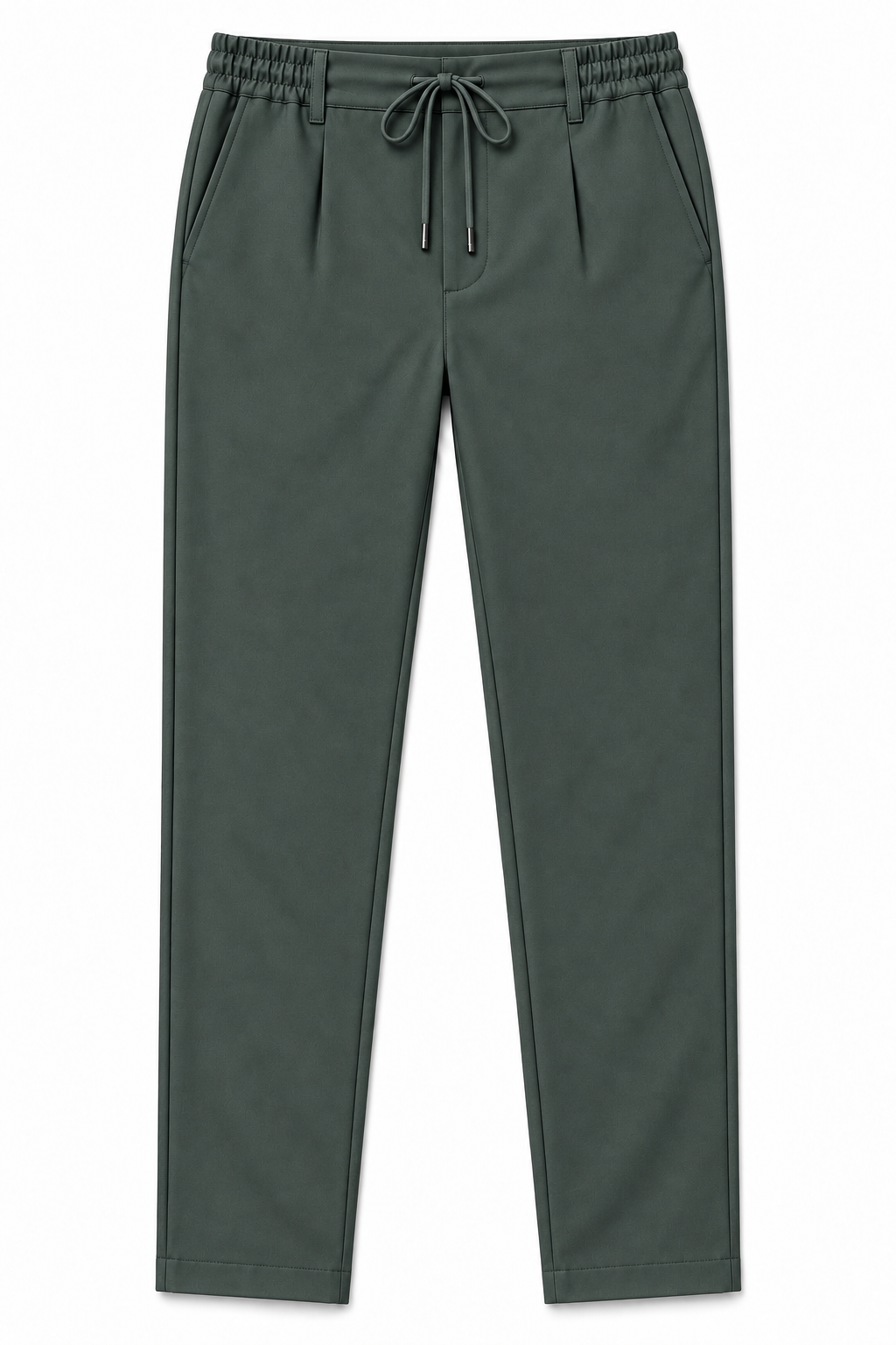 Pantalone uomo punto Milano verde scuro, vista frontale del capo con laccetto, pinces e tasche laterali.