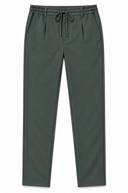 Pantalone uomo punto Milano verde scuro, vista frontale del capo con laccetto, pinces e tasche laterali.