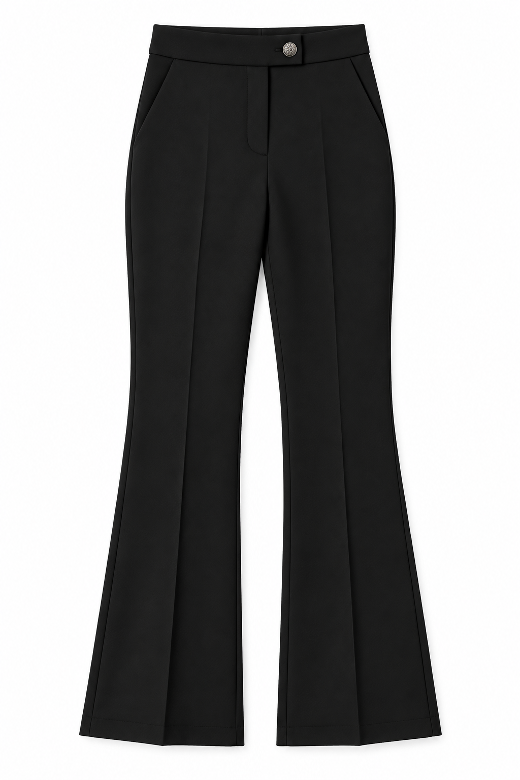 Pantalone donna a zampa 2958 nero steso su fondo bianco, vista frontale con vita alta e piega centrale.