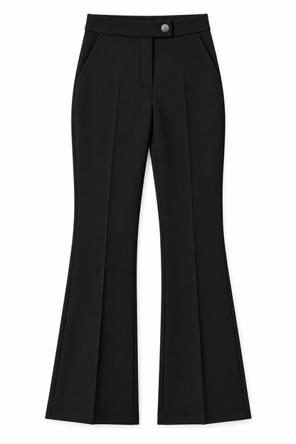 Pantalone donna a zampa 2958 nero steso su fondo bianco, vista frontale con vita alta e piega centrale.
