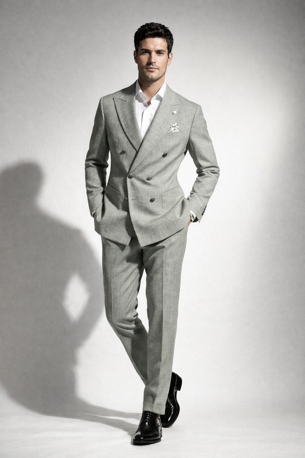 Abito uomo doppio petto sartoriale verde fiammato — dettaglio completo giacca e pantalone, trama fiammata effetto lino, collezione estate Made in Italy