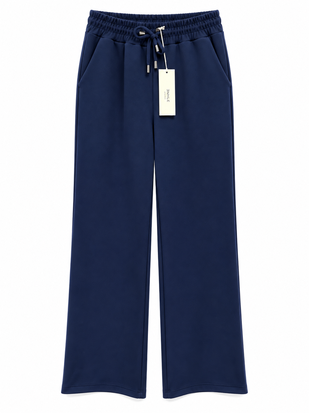 Pantalone donna wide leg blu scuro Ehnlè Milano, vista frontale con vita elasticizzata, laccetto e tasche.