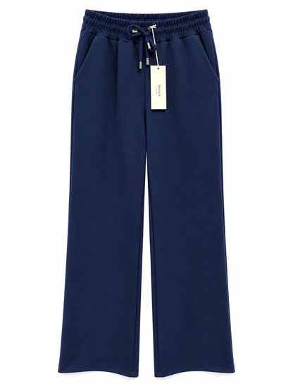 Pantalone donna wide leg blu scuro Ehnlè Milano, vista frontale con vita elasticizzata, laccetto e tasche.