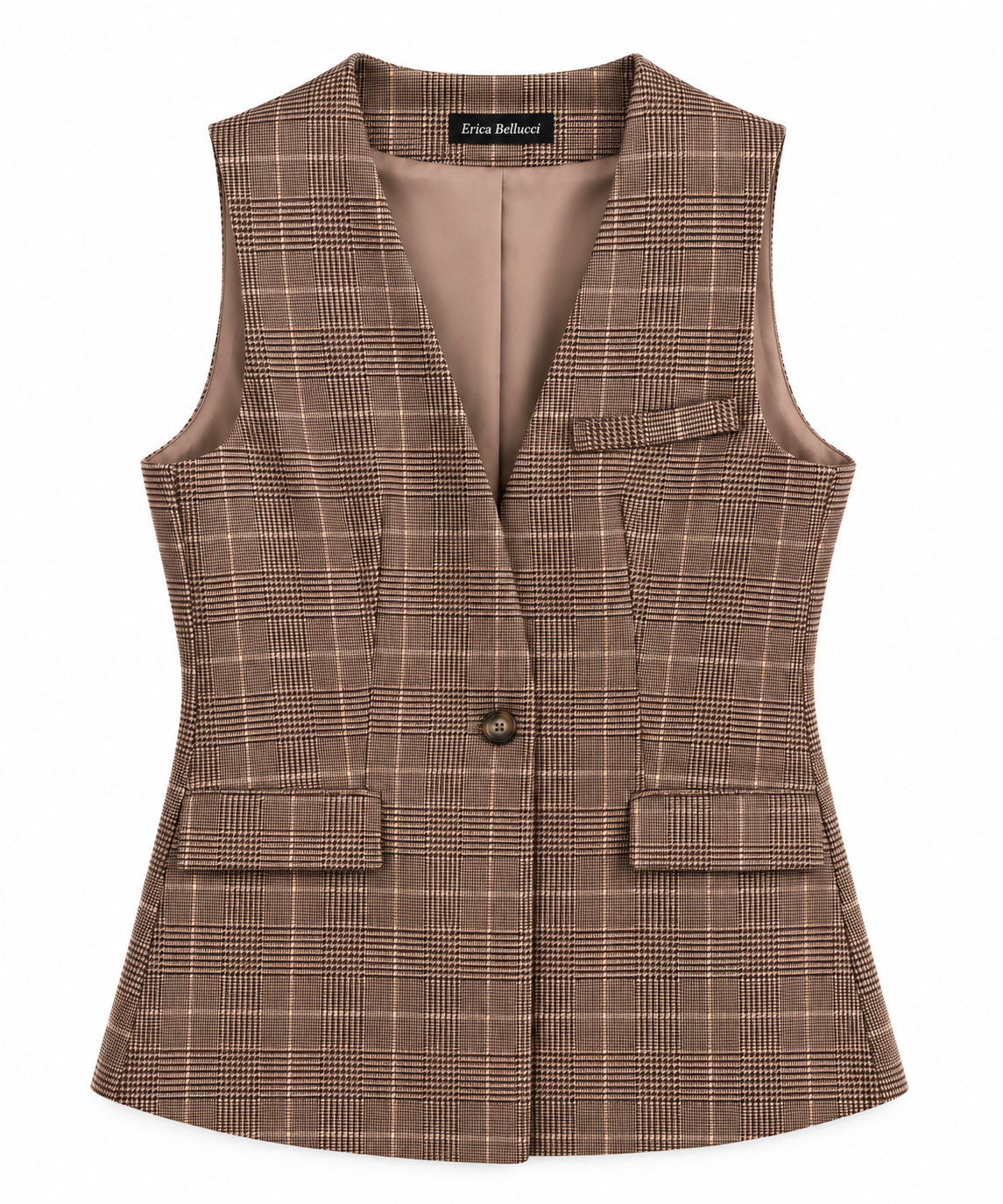 Gilet del tailleur donna a quadri 511 non indossato, vista frontale con scollo a V, bottone e dettagli a patta.