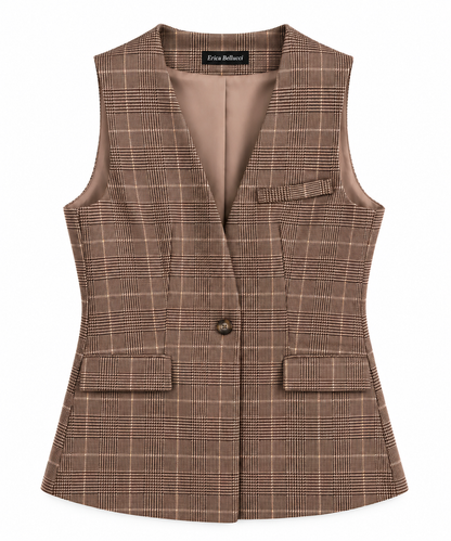 Gilet del tailleur donna a quadri 511 non indossato, vista frontale con scollo a V, bottone e dettagli a patta.