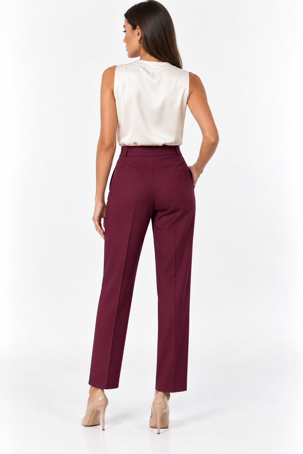 Pantalone donna invernale capri bordeaux a vita alta, vista posteriore indossato