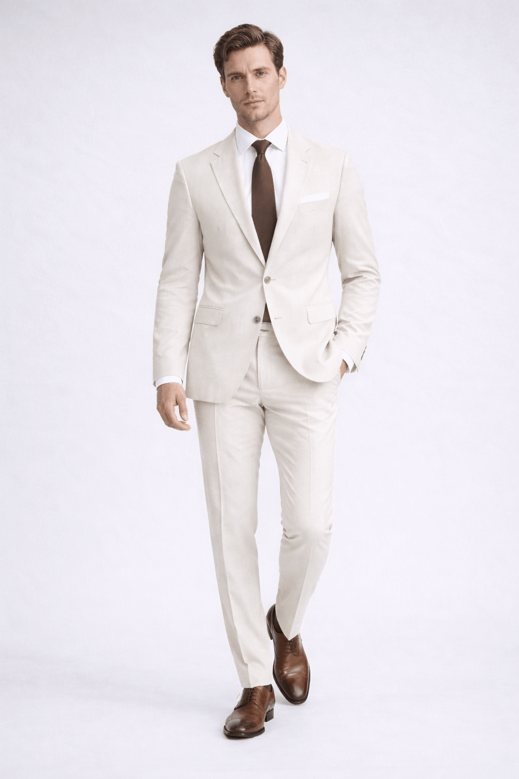 Abito uomo sartoriale in lino e TENCEL™ panna — giacca monopetto e pantalone elegante, indossato con cravatta marrone, Made in Italy
