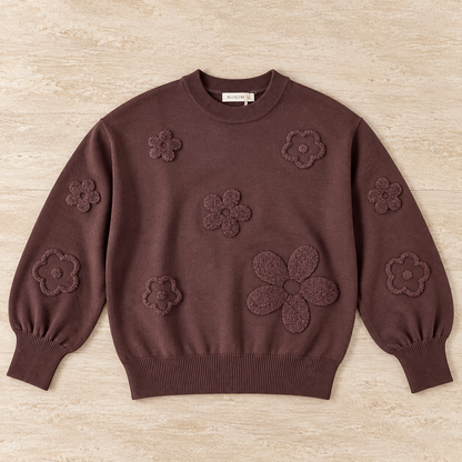 Maglia donna 622 Bluoltre cioccolato con fiori in rilievo, vista frontale del capo steso
