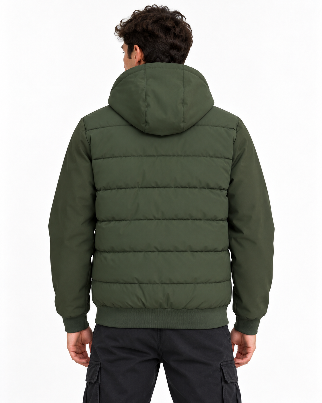 Piumino uomo Clark Tiffosi verde scuro indossato, vista posteriore con cappuccio e trapuntatura orizzontale.
