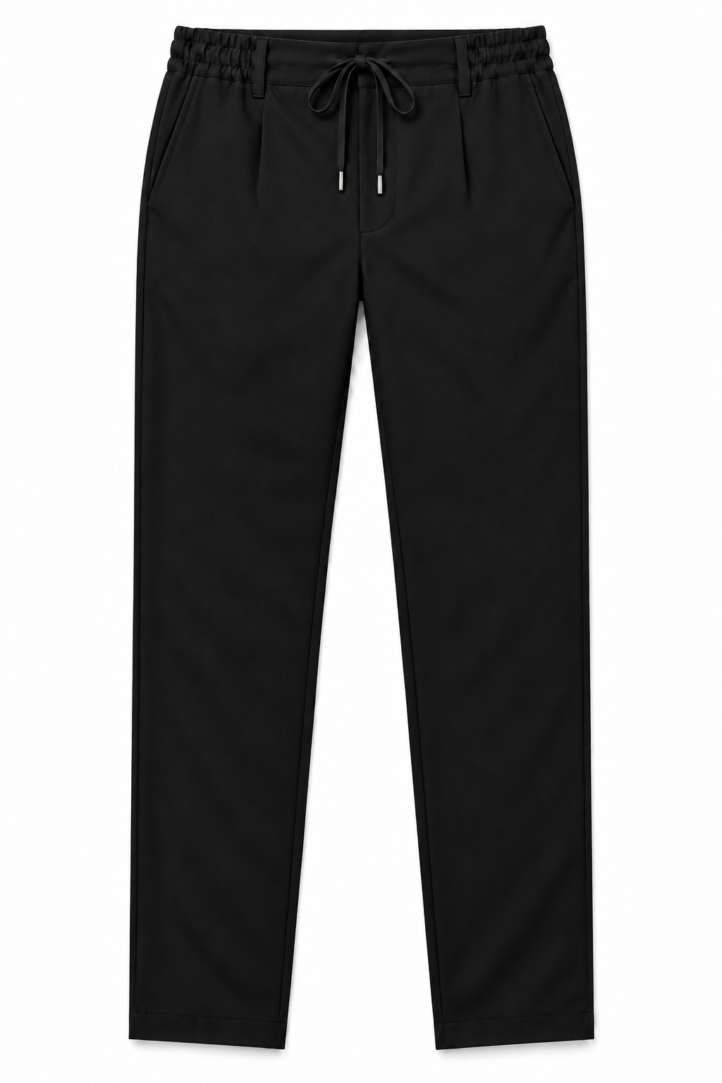 Pantalone uomo punto Milano nero, vista frontale del capo con vita elasticizzata, laccetto e tasche laterali.