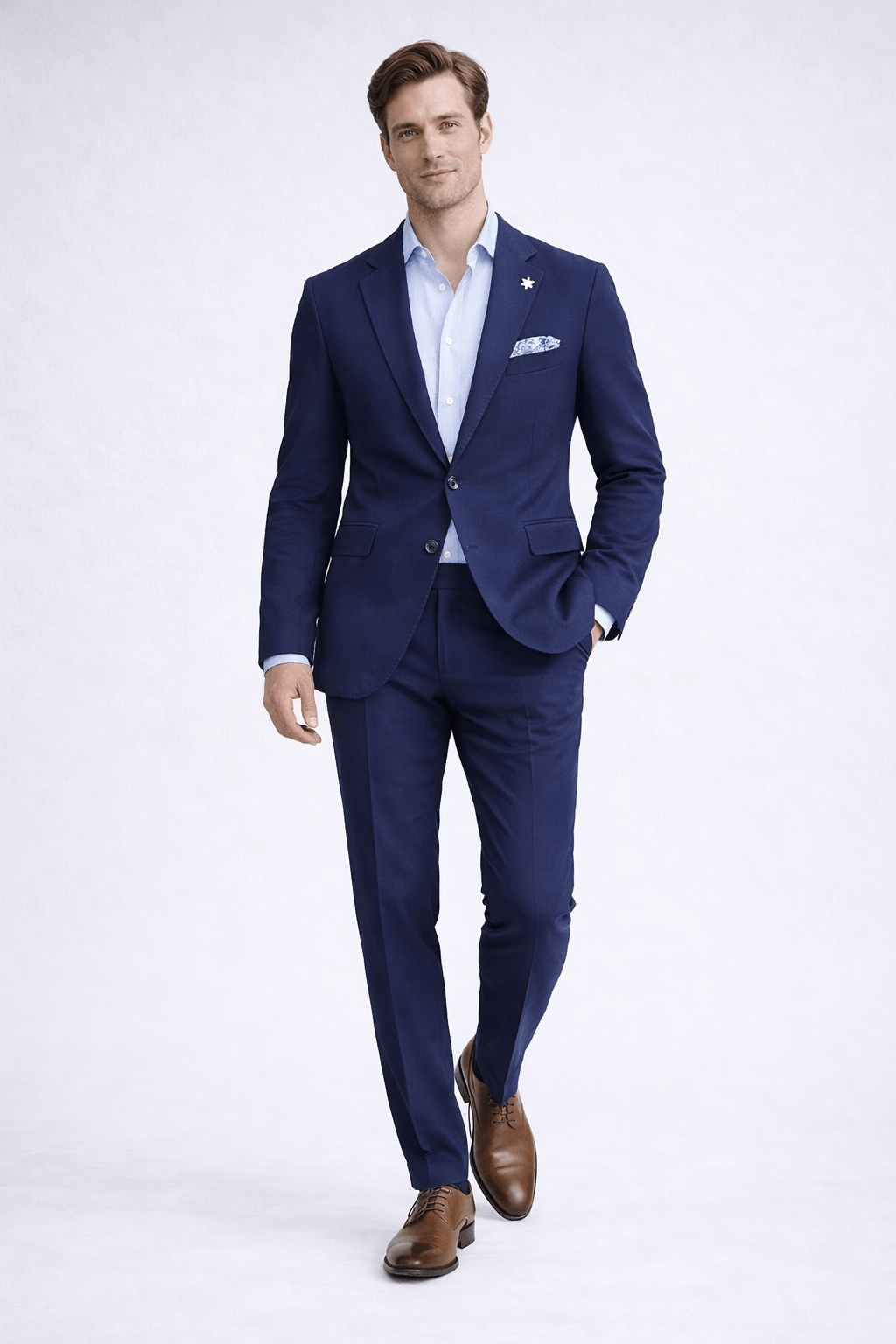 Abito uomo completo punto milano blu navy — indossato da modello - vista frontale - dettaglio tessuto fluido e rifinitura sartoriale, collezione estate Made in Italy
