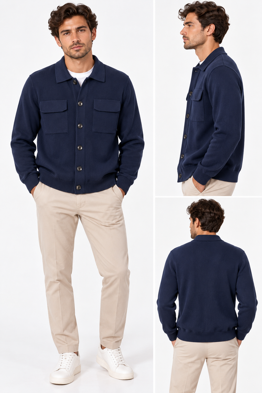 “Cardigan uomo 501 Moro dark blu indossato, composizione con viste frontale, laterale e posteriore”