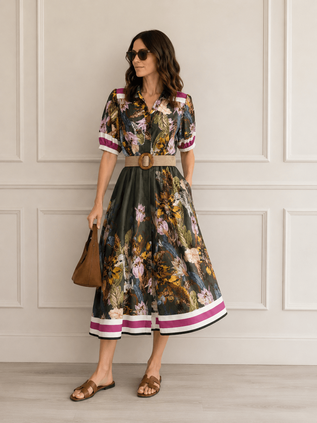 Abito donna cotone fantasia botanica militare indossato, vista frontale intera, collo coreana scollo a V, mezza manica a righe fucsia, cintura in rafia, gonna midi ampia, Made in Italy
