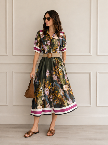 Abito donna cotone fantasia botanica militare indossato, vista frontale intera, collo coreana scollo a V, mezza manica a righe fucsia, cintura in rafia, gonna midi ampia, Made in Italy
