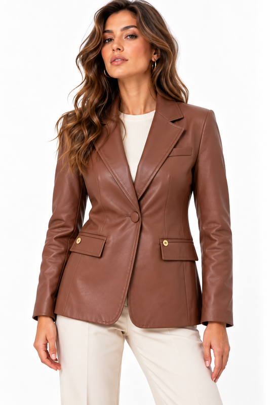 Giacca donna in ecopelle 592 camel bruciato vista frontale, indossata da modella, avvitata 1 bottone, Made in Italy – Frarò