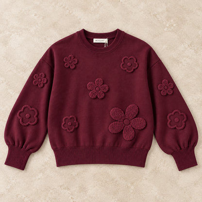 Maglia donna 622 Bluoltre bordeaux con fiori tono su tono in rilievo, vista frontale del capo steso